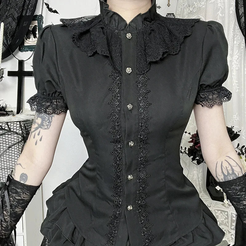 GothDark Harajuku Fashion Short Sleeve Lace Patchwork Shirts Women Alt Techwear Mall Gothic Button Slim Blouse Shirt Cute Tops