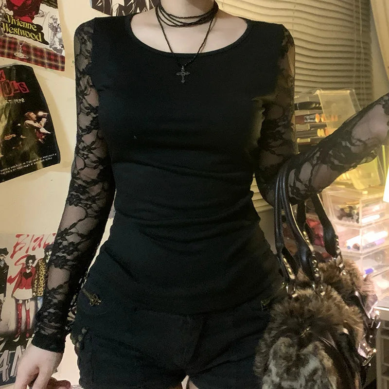 GothDark Mall Goth Solid Lace Patchwork Long Sleeve T-Shirts Cyber Y2K O-Neck Sheer Back Slim Tops Women Techwear Basic T-Shirt