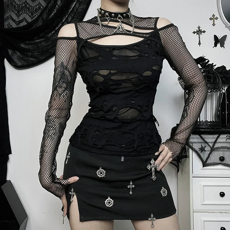 GothDark Frayed Mall Gothic Hollow Out T-Shirts Grunge Punk Fishnet Patchwork Women Blouses Sexy Long Sleeve Alt Streetwear Top