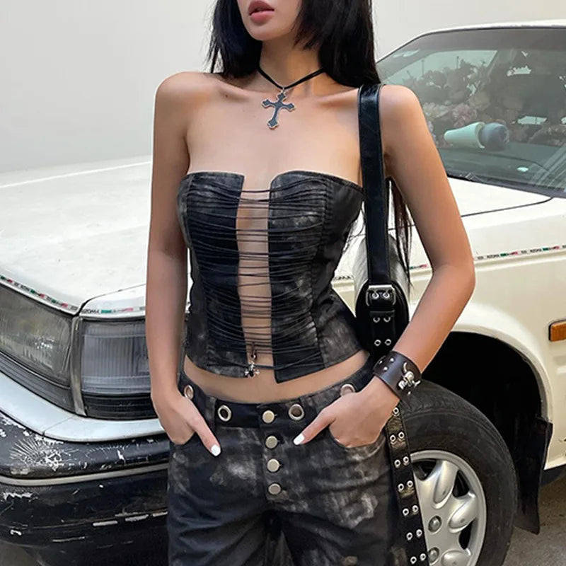 GothDark Punk Grunge Strapless Tight Tupe Tops Women Summer Retro Cropped Vest 90S Sexy Hollow Out Tanks Top Gothic Alt Clothes