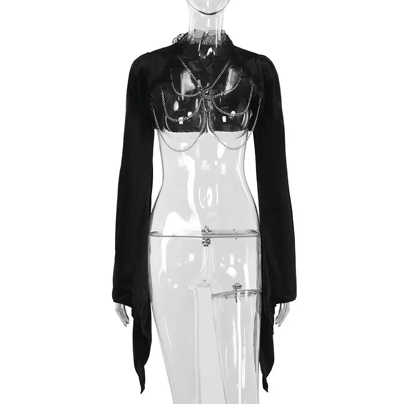 GothDark Flare Sleeve Lace up Crop Shrug Tops Elegant Velvet Chain Short Smock Coats Mall Gothic Women Slim Blouse Streetwear