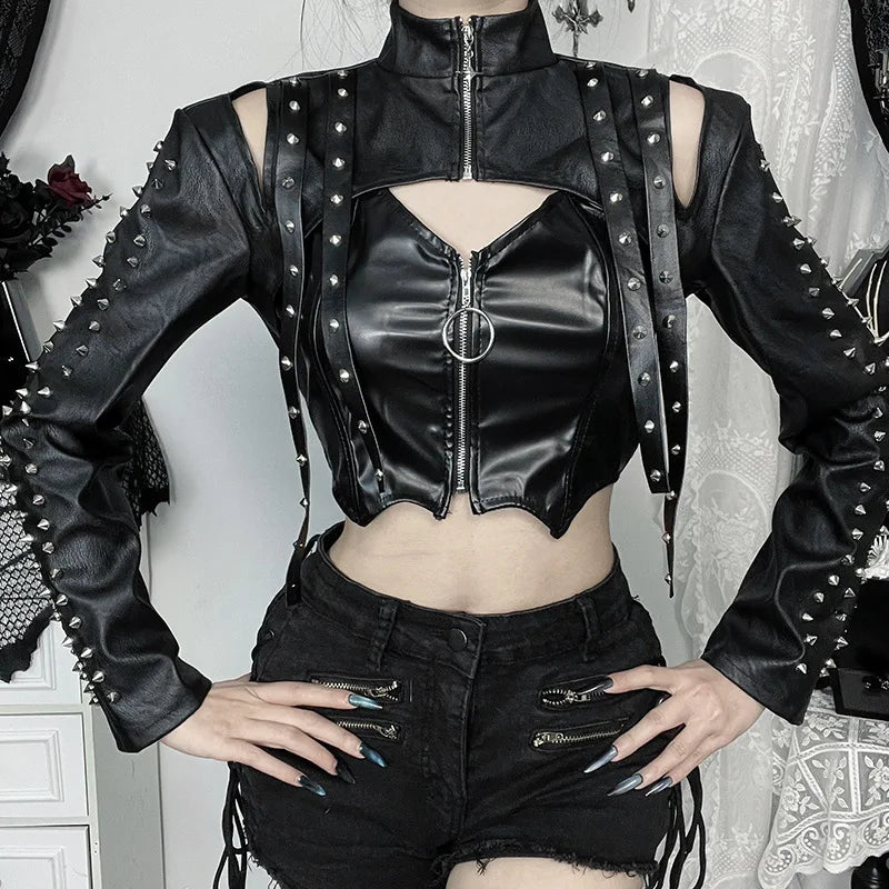 GothDark Faux Pu Leather Long Sleeve Crop Shrug Tops Grunge Women Rivet Zip Coats Chic Streetwear Jackets Mall Gothic Smock Top