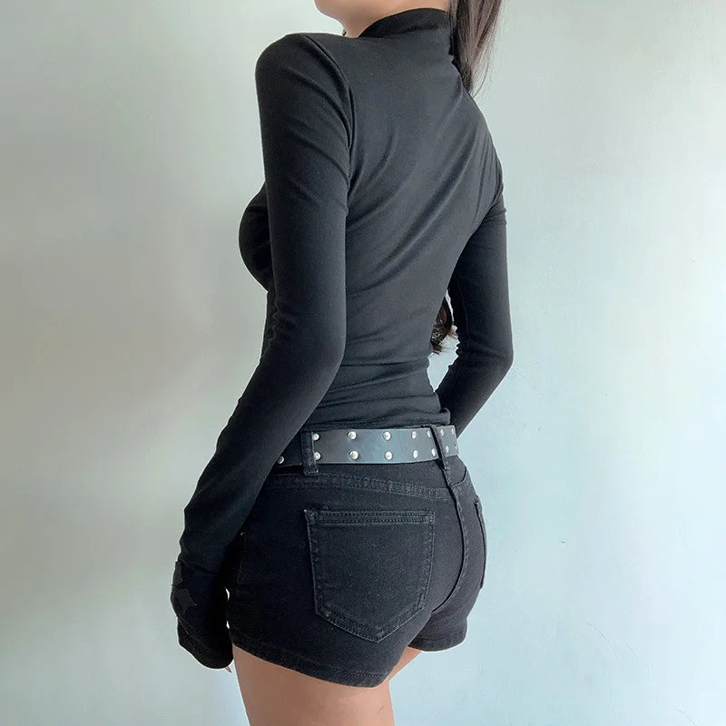 GothDark Elegant Fashion Mesh Patchwork Cross T-Shirts Mall Goth Slim Turtleneck Pullovers Tops Women 90S E-Girl Sheer T-Shirt