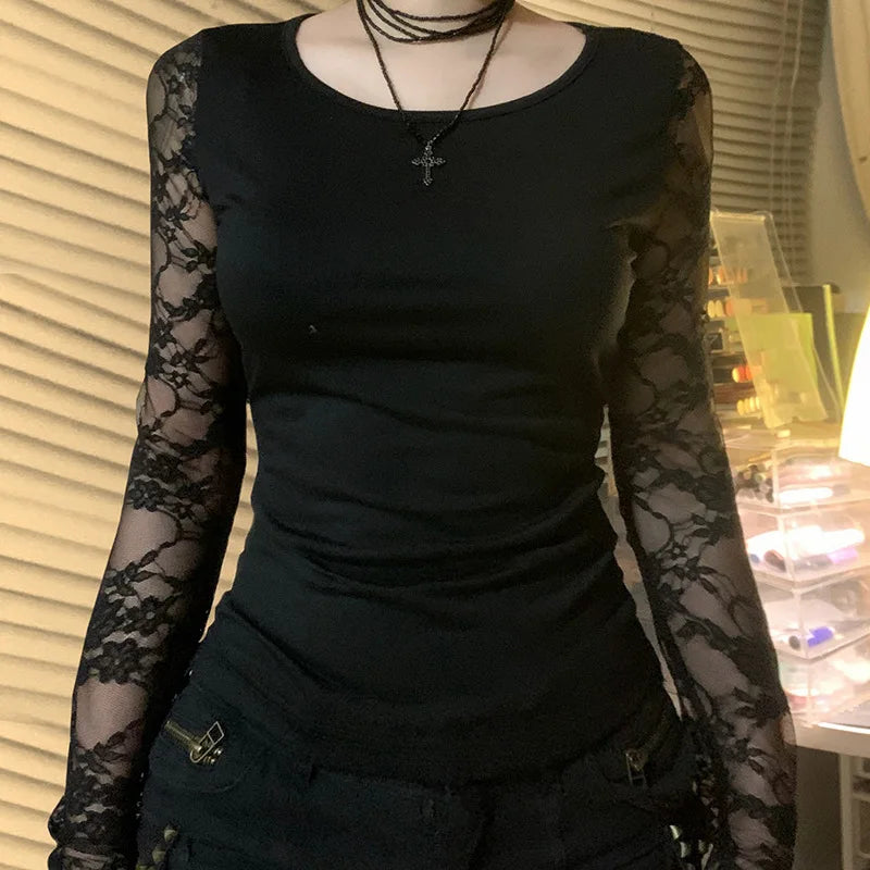 GothDark Mall Goth Solid Lace Patchwork Long Sleeve T-Shirts Cyber Y2K O-Neck Sheer Back Slim Tops Women Techwear Basic T-Shirt