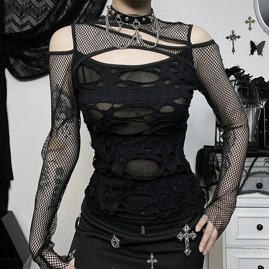 GothDark Frayed Mall Gothic Hollow Out T-Shirts Grunge Punk Fishnet Patchwork Women Blouses Sexy Long Sleeve Alt Streetwear Top