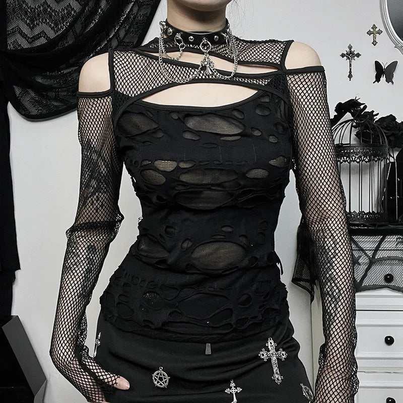 GothDark Frayed Mall Gothic Hollow Out T-Shirts Grunge Punk Fishnet Patchwork Women Blouses Sexy Long Sleeve Alt Streetwear Top