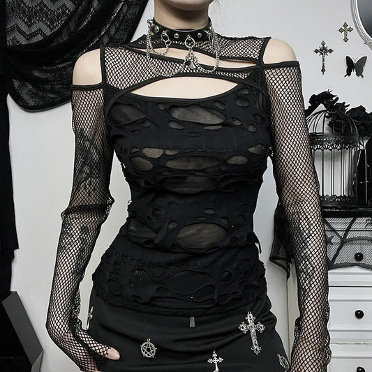 GothDark Frayed Mall Gothic Hollow Out T-Shirts Grunge Punk Fishnet Patchwork Women Blouses Sexy Long Sleeve Alt Streetwear Top
