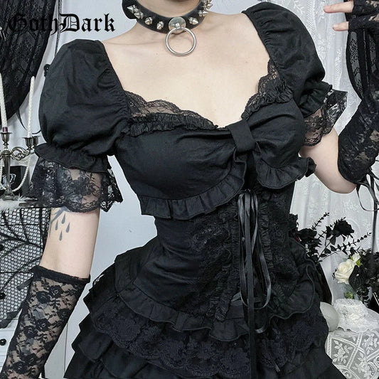 GothDark Solid E-Girl Lace Patchwork Short Sleeve T-Shirt Kawaii Bow Bandage Tops Mall Gothic Techwear Women Slim Alt T-Shirts