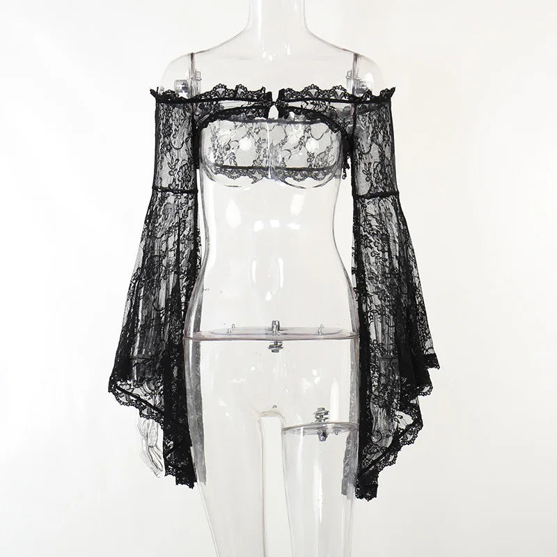 GothDark Lace Transparent Elegant Button Crop Blouse Mall Gothic Sexy Flare Sleeve Shrug Tops Fairy Flower Alt Sheer Smock Coat