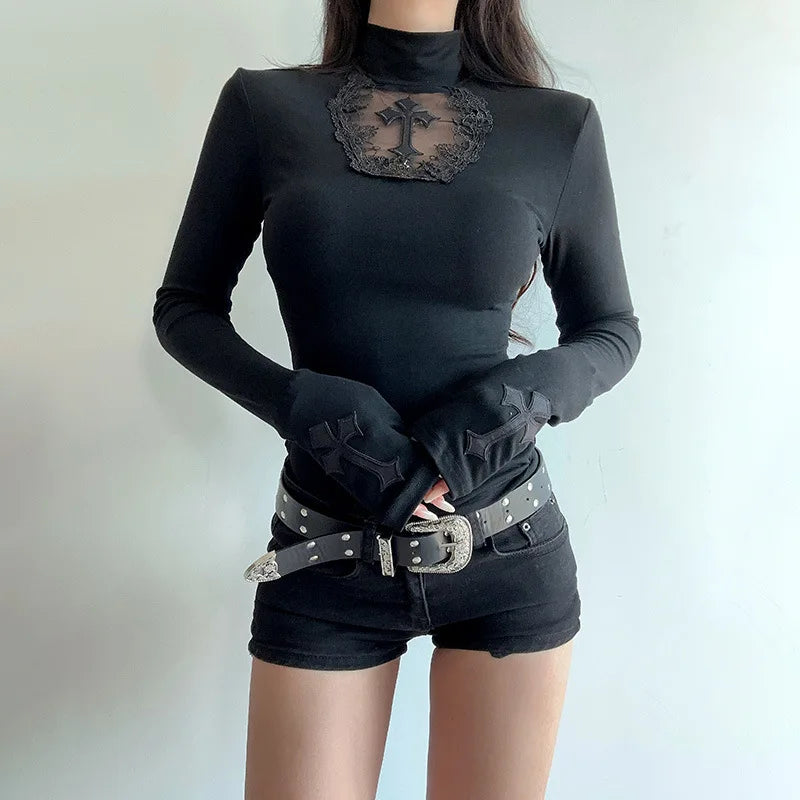 GothDark Elegant Fashion Mesh Patchwork Cross T-Shirts Mall Goth Slim Turtleneck Pullovers Tops Women 90S E-Girl Sheer T-Shirt