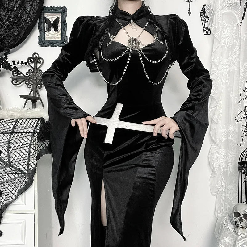GothDark Flare Sleeve Lace up Crop Shrug Tops Elegant Velvet Chain Short Smock Coats Mall Gothic Women Slim Blouse Streetwear