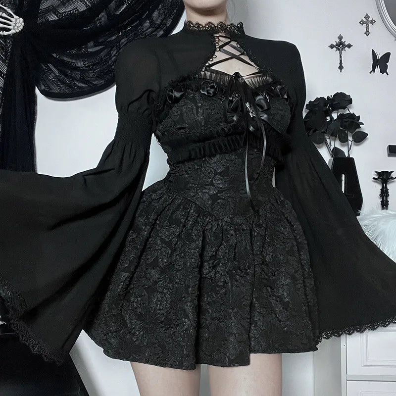 GothDark Elegant Lace up Mall Gothic Crop Shrug Tops Grunge Chiffon Flare Sleeve Blouses Female Black Emo Alternative Cover Up