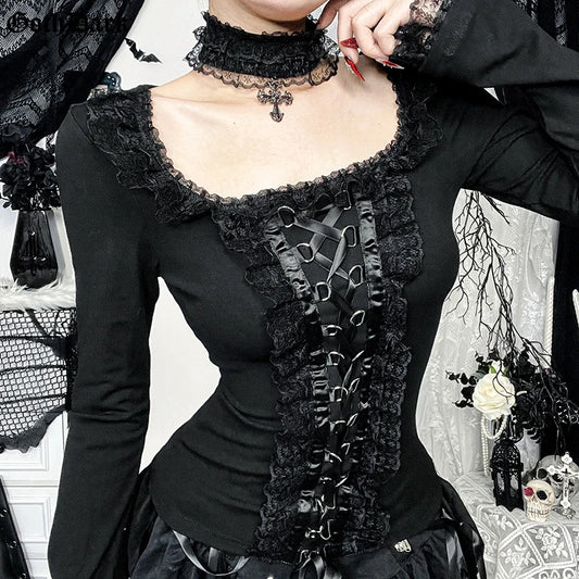 GothDark Elegant Fashion Lace Side Patchwork Long Sleeve Tops T-Shirts Mall Gothic Bandage Blouse Slim T-Shirt Women Techwear