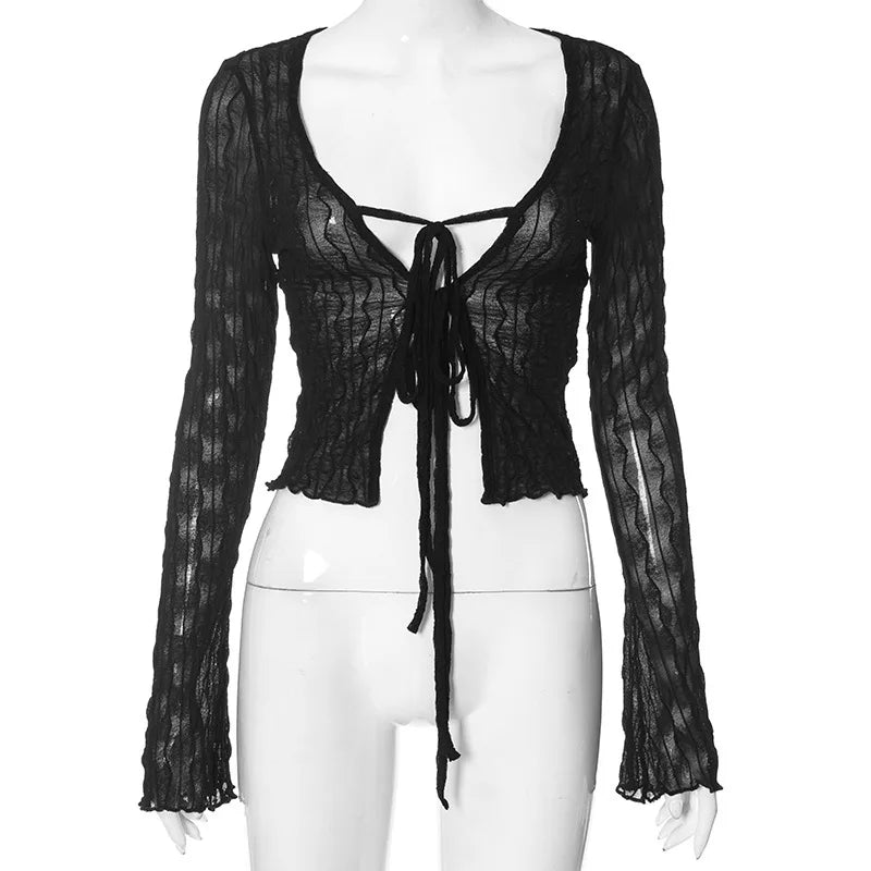 GothDark Folds Mall Gothic Lace up Sexy Blouses Grunge Y2K Fairycore Long Sleeve T-Shirts Female Transparent Skinny Fashion Tops