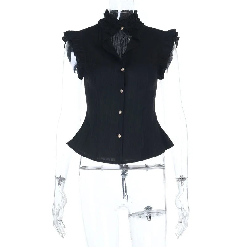 GothDark 90S Grunge Single Breasted Slim Waist Shirt Blouses Women Alt Techwear Mall Gothic Stringy Selvedge Sleeveless Shirts