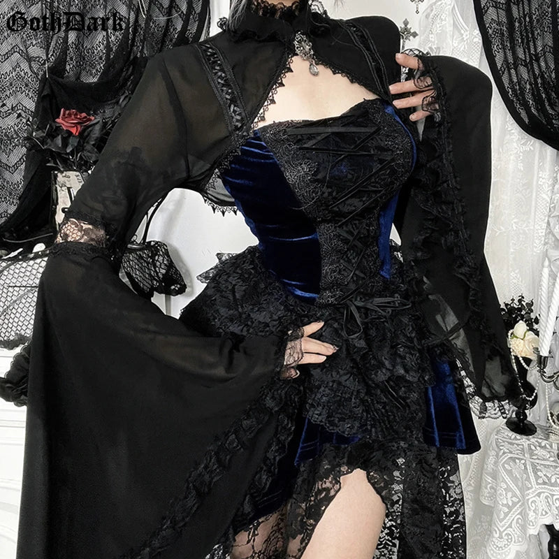 GothDark Batwing Sleeve Lace Mesh See through Crop Shrug Tops Short Cape Coats Mall Gothic Women Slim Shawl Rrash Guard Cosplay