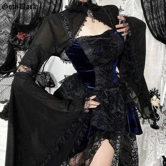 GothDark Batwing Sleeve Lace Mesh See through Crop Shrug Tops Short Cape Coats Mall Gothic Women Slim Shawl Rrash Guard Cosplay