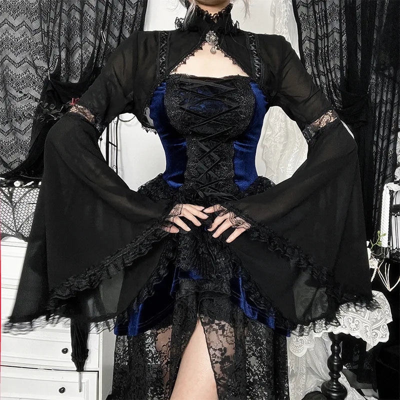 GothDark Batwing Sleeve Lace Mesh See through Crop Shrug Tops Short Cape Coats Mall Gothic Women Slim Shawl Rrash Guard Cosplay