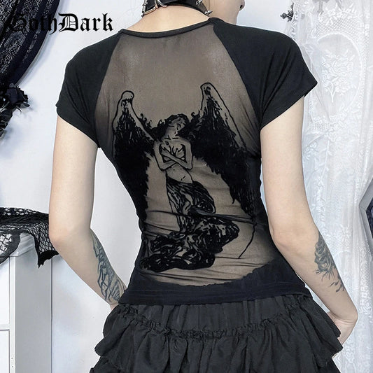 GothDark Gothic Fashion Backless Sheer Printed T-Shirt Women O-Neck Tees Streetwear Grunge Sexy Mesh T-Shirts Slim Alt Tops Y2K