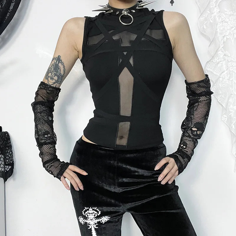 GothDark Fairy Grunge Mesh Cross Sheer Sleeveless Crop Tops Gothic Chic Bandage Tank Top Mall Basic Women Vest Alt Streetwear
