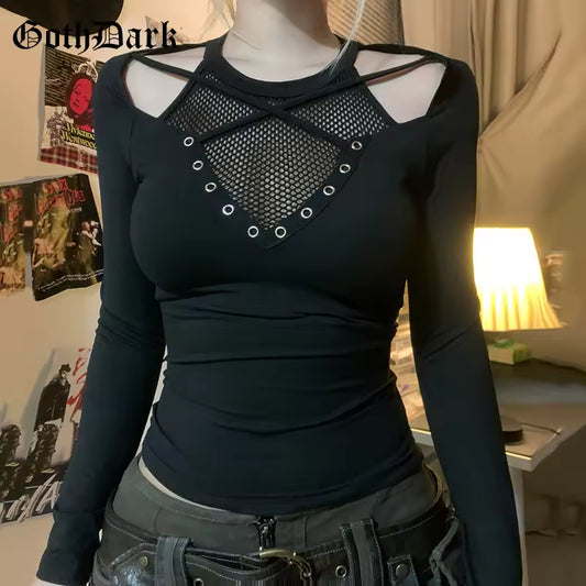 GothDark Solid Techwear Chic Irregular Grid Hollow Out T-Shirt Mall Goth See through Slim Tops Women Y2K Streetwear T-Shirts