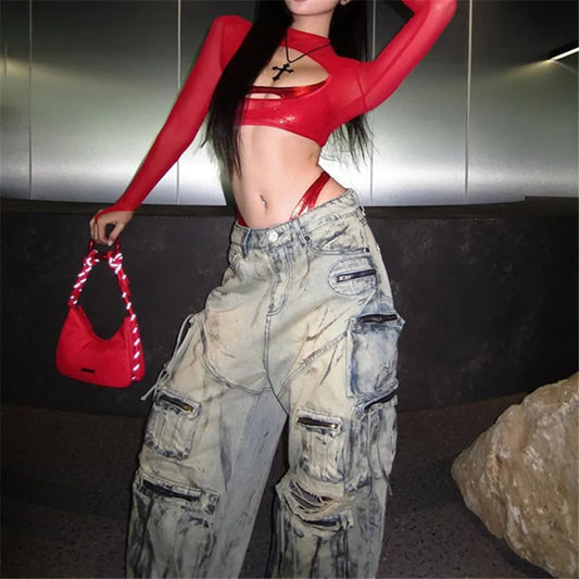 GothDark Mall Goth Cyber Y2K Rave Two Piece Sets E-Girl Cut Out Camis Sexy Hollow Out Mesh Sheer Crop Tops Women Alt Gothic Skinny Cloth