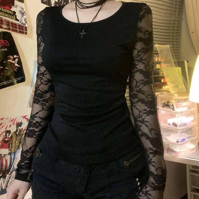 GothDark Mall Goth Solid Lace Patchwork Long Sleeve T-Shirts Cyber Y2K O-Neck Sheer Back Slim Tops Women Techwear Basic T-Shirt