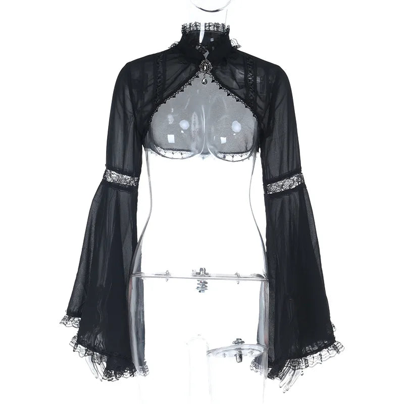 GothDark Batwing Sleeve Lace Mesh See through Crop Shrug Tops Short Cape Coats Mall Gothic Women Slim Shawl Rrash Guard Cosplay