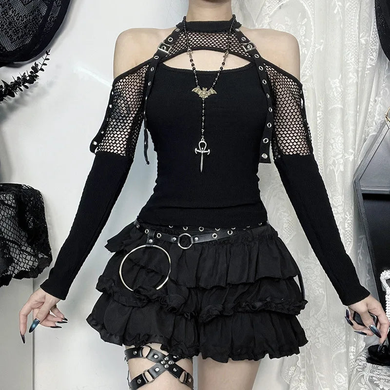 GothDark Punk Grunge Fishnet Patchwork off Shoulder T-Shirts Trim Corn Strap Halter Tops Autumn Mall Gothic Streetwear T-Shirt