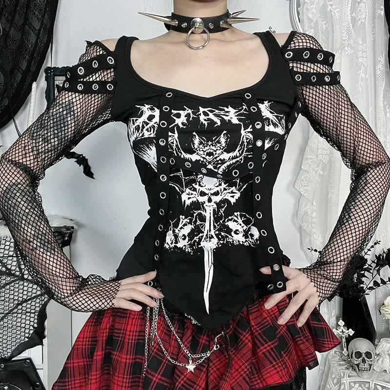 GothDark Mall Gothic Fishnet Stitch Long Sleeve T-Shirt Women Alt Techwear Punk Grunge Corn Print T-Shirts Chic Streetwear Tops