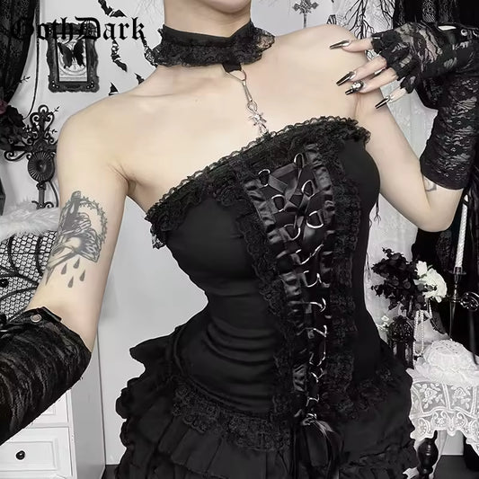 GothDark Sweet Lace Patchwork Strapless Corset Tops Slim Bandage Backless Tank Top Women Streetwear Mall Gothic Crop Vests 2025