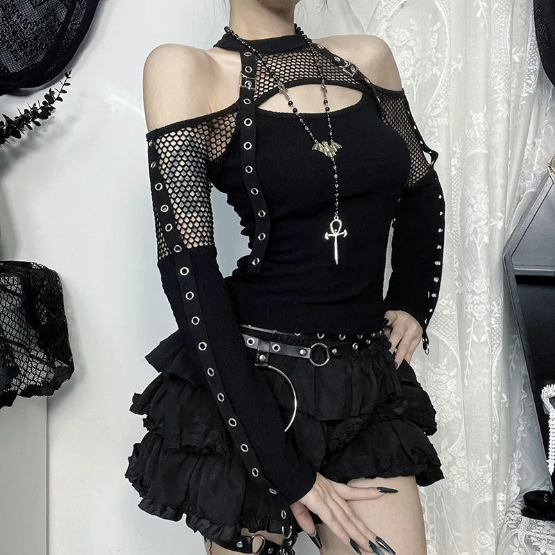 GothDark Punk Grunge Fishnet Patchwork off Shoulder T-Shirts Trim Corn Strap Halter Tops Autumn Mall Gothic Streetwear T-Shirt