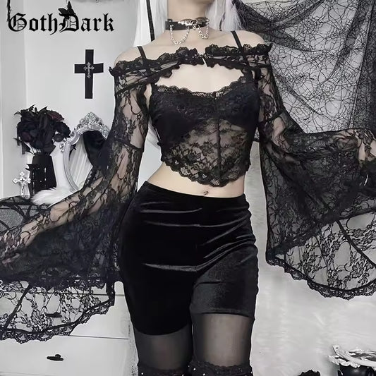 GothDark Lace Transparent Elegant Button Crop Blouse Mall Gothic Sexy Flare Sleeve Shrug Tops Fairy Flower Alt Sheer Smock Coat