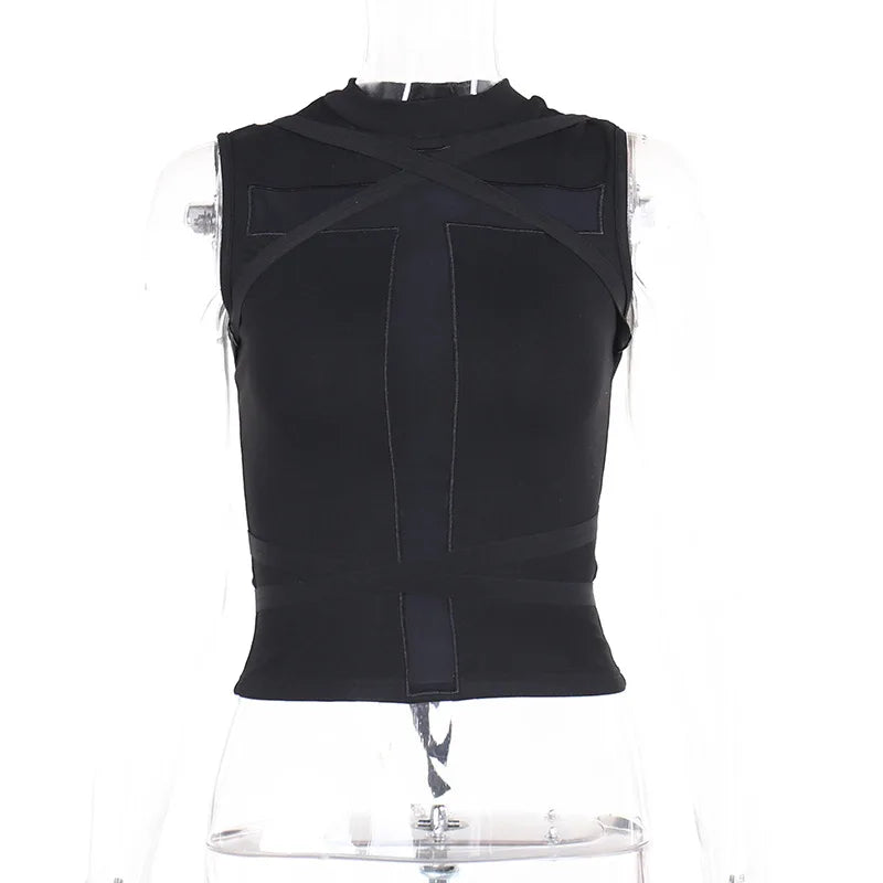 GothDark Fairy Grunge Mesh Cross Sheer Sleeveless Crop Tops Gothic Chic Bandage Tank Top Mall Basic Women Vest Alt Streetwear