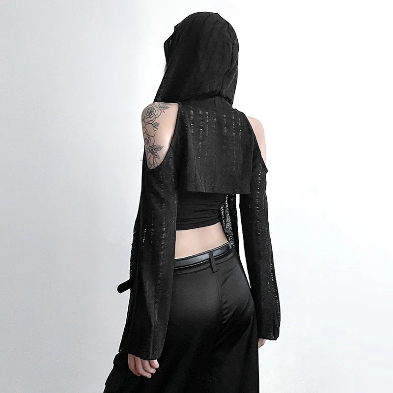 GothDark Open Shoulder Techwear Y2K Crop Cardigans Mall Gothic Hooded Sexy Women Crop Tops Punk Grunge Buckle Streetwear Shirts
