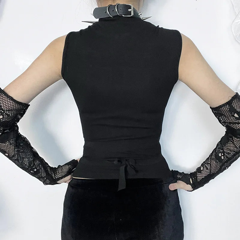 GothDark Fairy Grunge Mesh Cross Sheer Sleeveless Crop Tops Gothic Chic Bandage Tank Top Mall Basic Women Vest Alt Streetwear