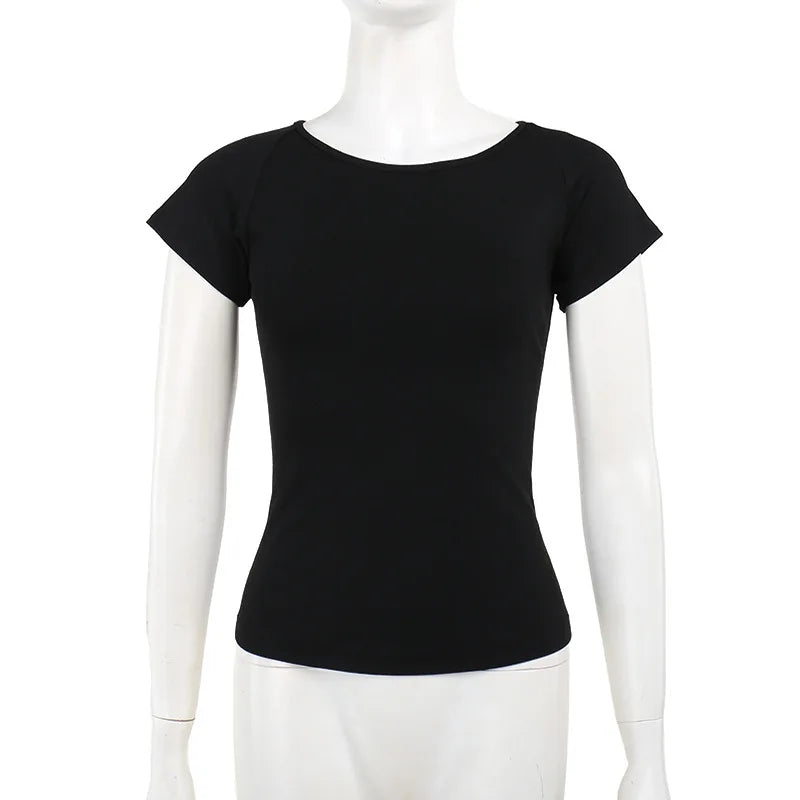 GothDark Gothic Fashion Backless Sheer Printed T-Shirt Women O-Neck Tees Streetwear Grunge Sexy Mesh T-Shirts Slim Alt Tops Y2K
