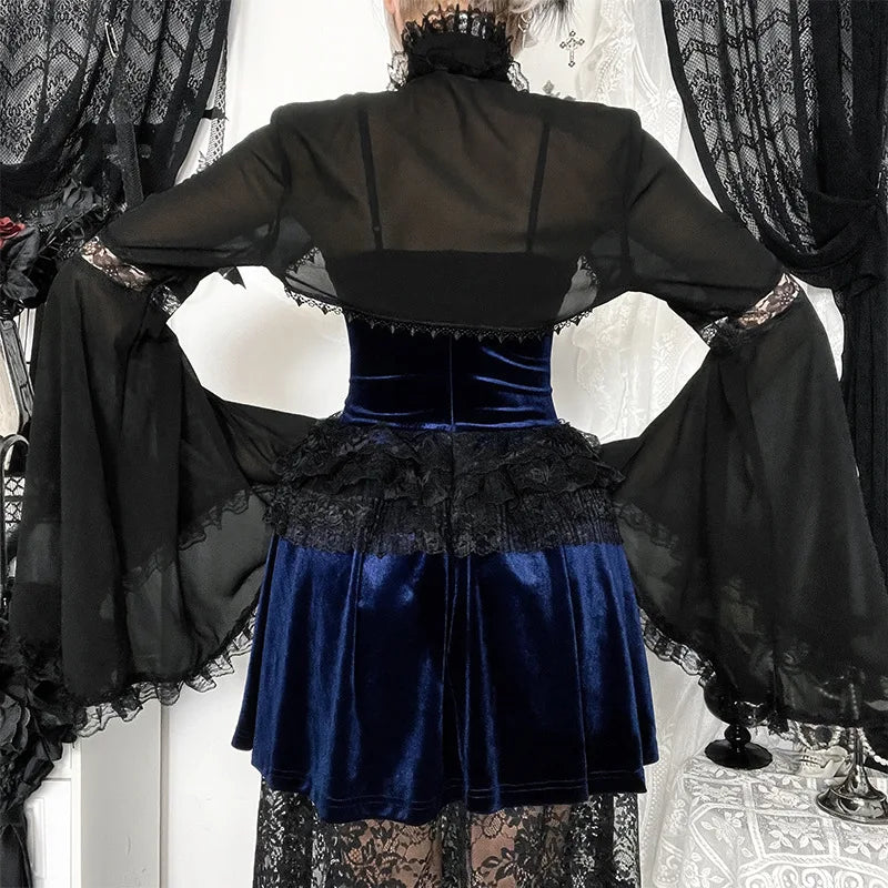 GothDark Batwing Sleeve Lace Mesh See through Crop Shrug Tops Short Cape Coats Mall Gothic Women Slim Shawl Rrash Guard Cosplay