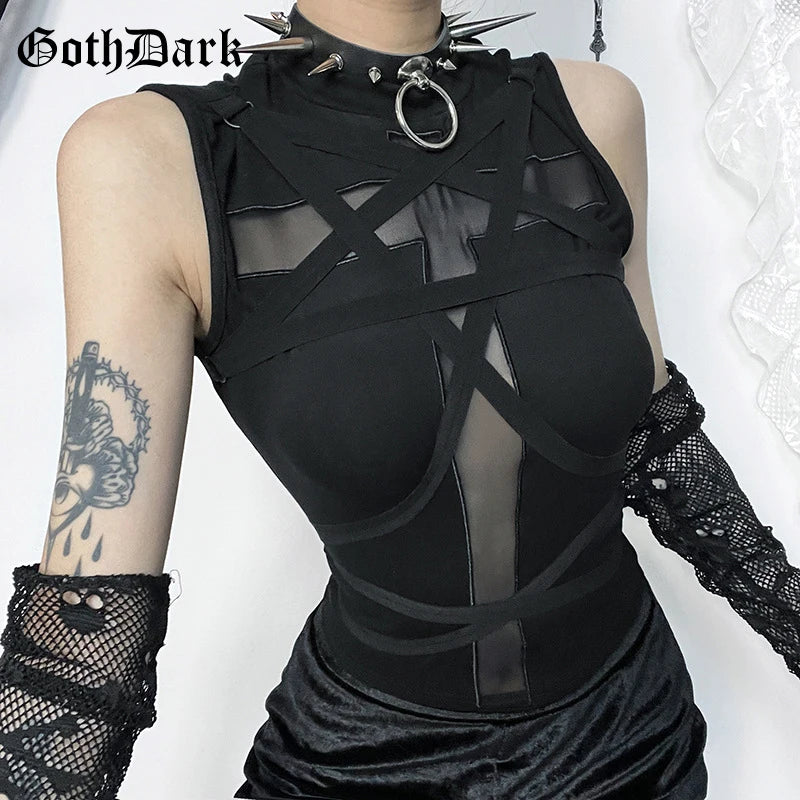 GothDark Fairy Grunge Mesh Cross Sheer Sleeveless Crop Tops Gothic Chic Bandage Tank Top Mall Basic Women Vest Alt Streetwear