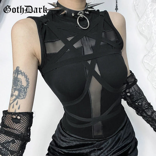 GothDark Fairy Grunge Mesh Cross Sheer Sleeveless Crop Tops Gothic Chic Bandage Tank Top Mall Basic Women Vest Alt Streetwear