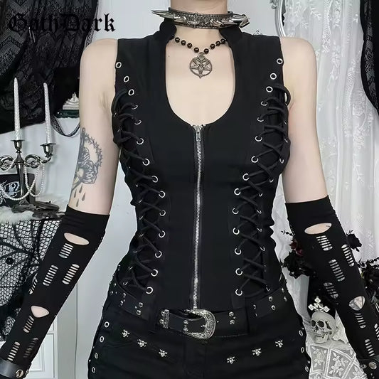 GothDark Punk Sleeveless Corn Bandage Tanks Top Women Chic Streetwear Slim Zip Vest Mall Gothic Techwear Summer Fashion T-Shirt