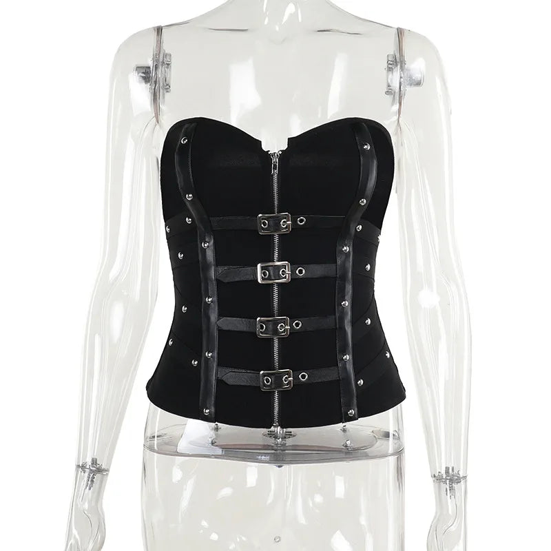 Punk Grunge Leather Buckle Strapless Corset Tops Mall Gothic Zip Women Tupe Top Y2K Coquette Streetwear Alt Tanks Vest