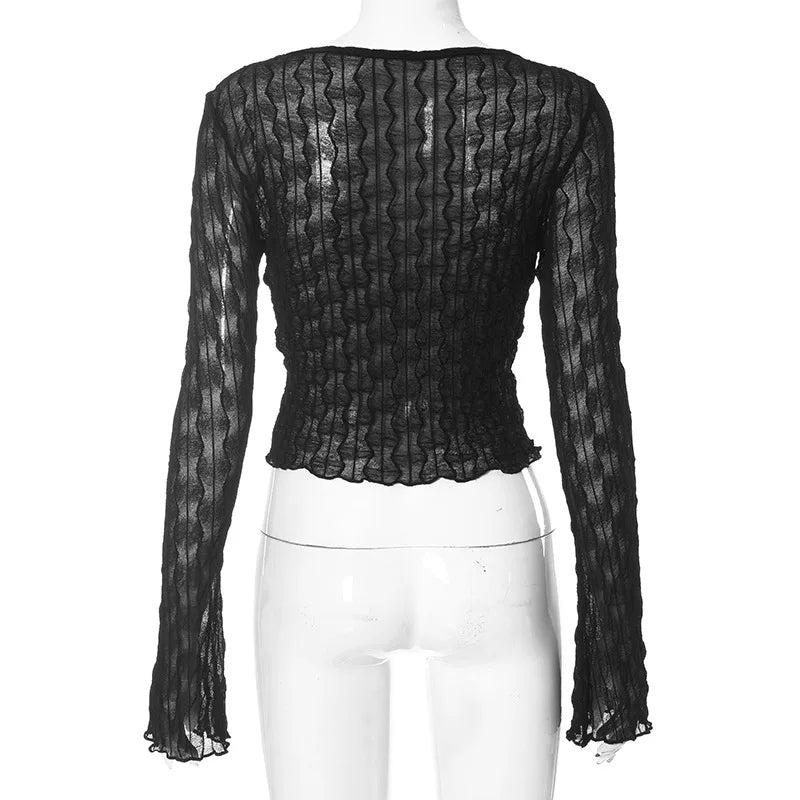 GothDark Folds Mall Gothic Lace up Sexy Blouses Grunge Y2K Fairycore Long Sleeve T-Shirts Female Transparent Skinny Fashion Tops