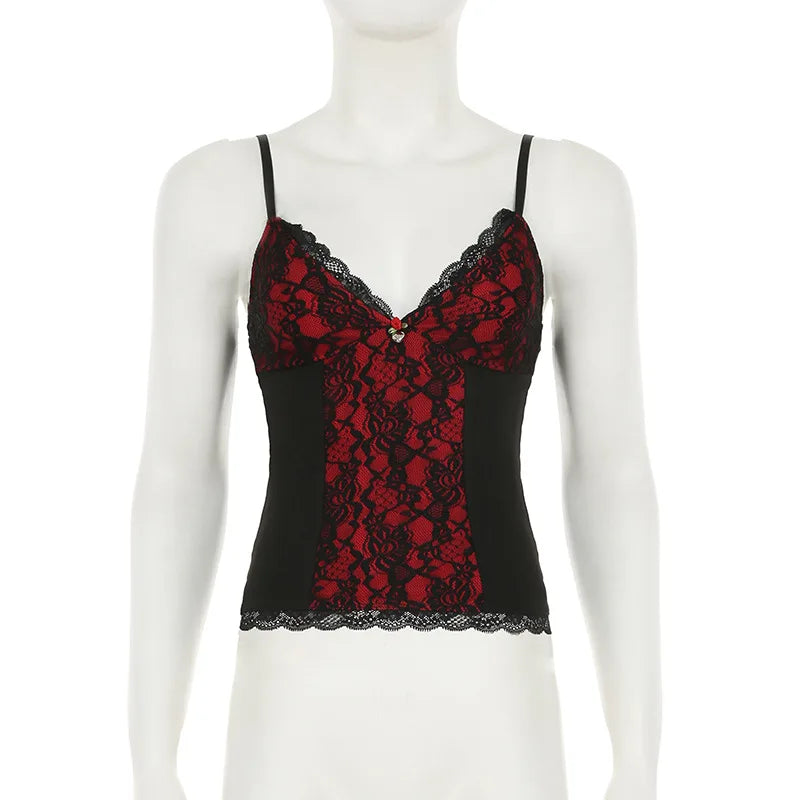 GothDark Mall Gothic Spaghetti Strap Tanks Top Hot Sexy V-Neck Lace Patchwork Camisole Basic Slim Vests Summer Techwear Women