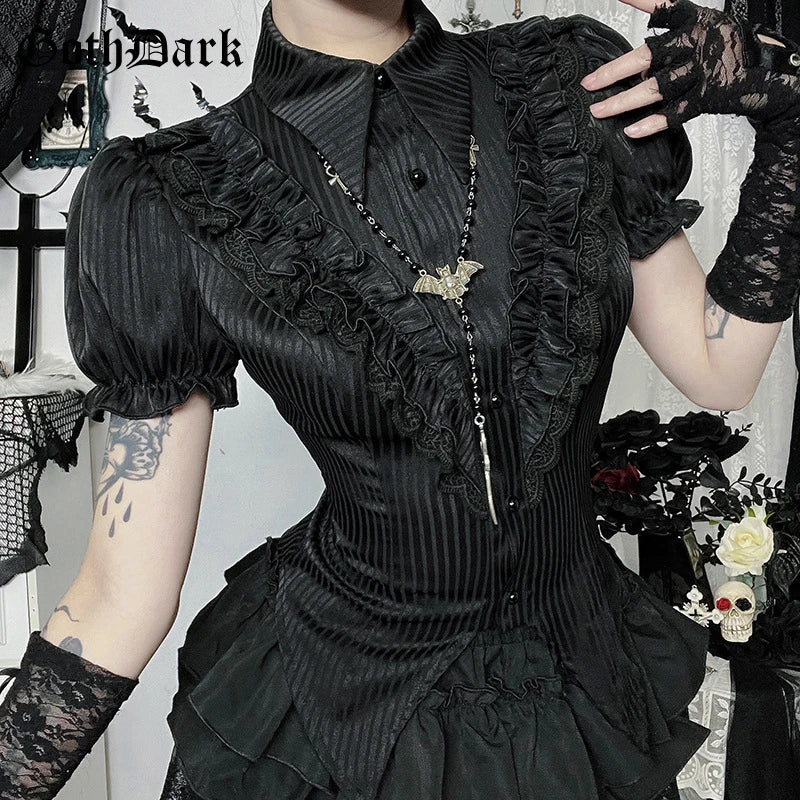 GothDark Kawaii Black Short Sleeve Buttons Shirt Lace-Up Blouses Mall Gothic Slim Lapel Collar Stripe Shirts Women Alt Techwear