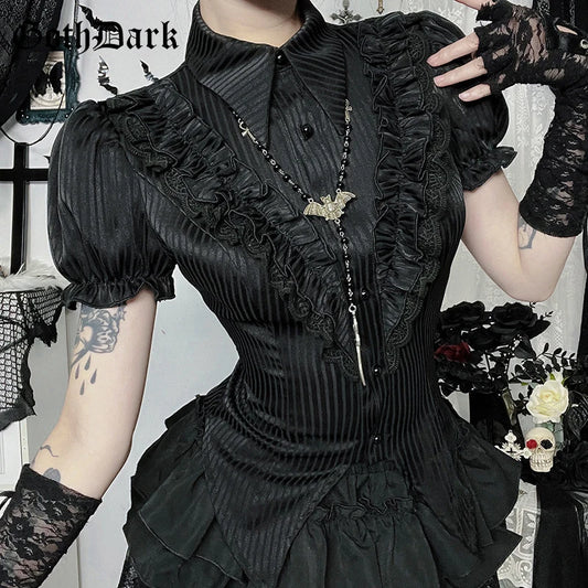 GothDark Kawaii Black Short Sleeve Buttons Shirt Lace-Up Blouses Mall Gothic Slim Lapel Collar Stripe Shirts Women Alt Techwear