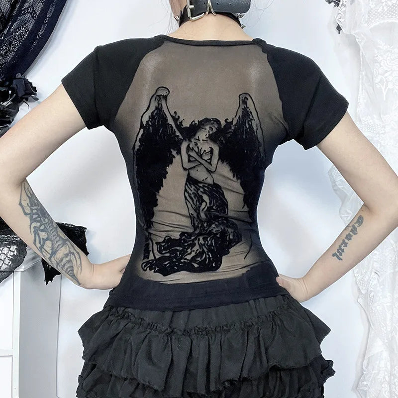 GothDark Gothic Fashion Backless Sheer Printed T-Shirt Women O-Neck Tees Streetwear Grunge Sexy Mesh T-Shirts Slim Alt Tops Y2K