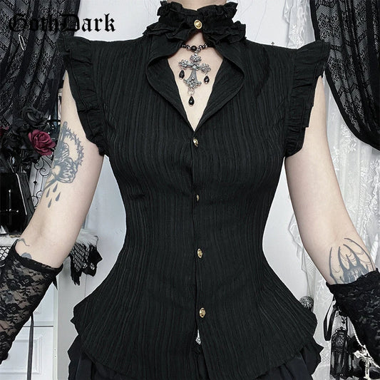 GothDark 90S Grunge Single Breasted Slim Waist Shirt Blouses Women Alt Techwear Mall Gothic Stringy Selvedge Sleeveless Shirts