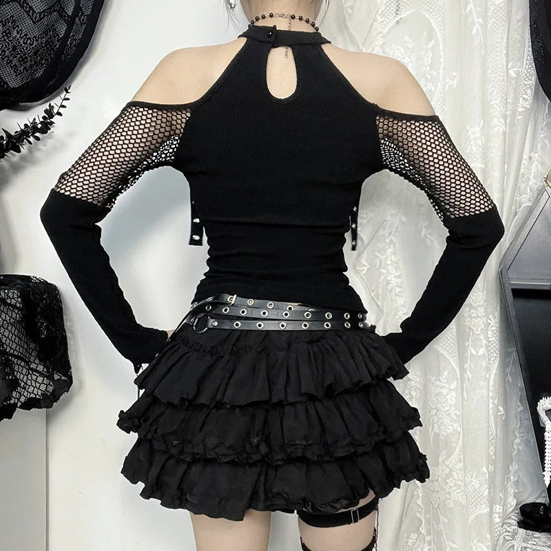 GothDark Punk Grunge Fishnet Patchwork off Shoulder T-Shirts Trim Corn Strap Halter Tops Autumn Mall Gothic Streetwear T-Shirt