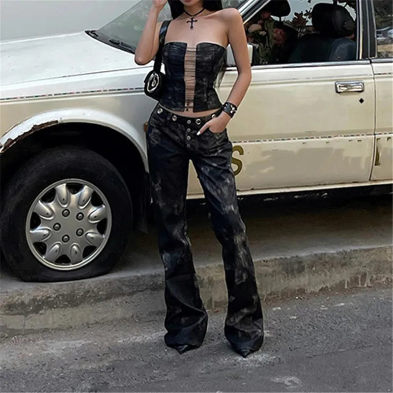 GothDark Punk Grunge Strapless Tight Tupe Tops Women Summer Retro Cropped Vest 90S Sexy Hollow Out Tanks Top Gothic Alt Clothes